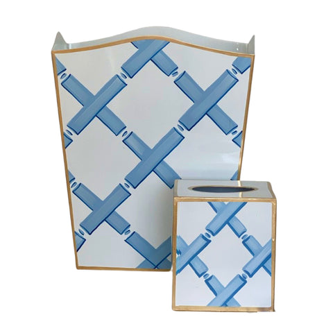 Dana Gibson Blue Lattice Wastebasket, Tissue Box