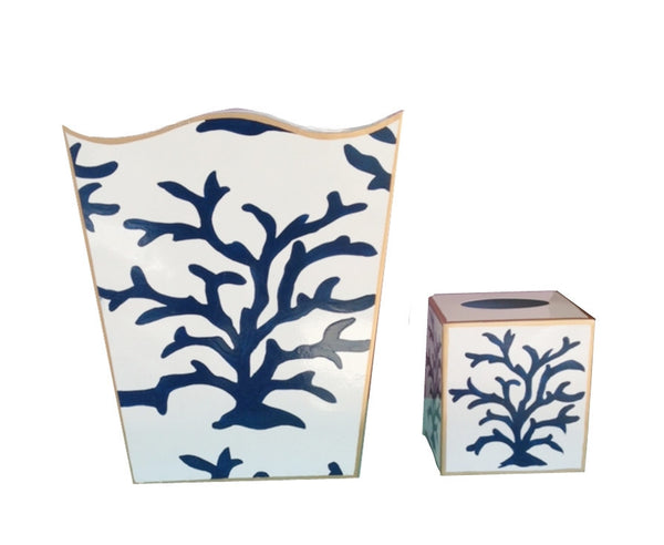Navy Coral Wastebasket and Tissue Box