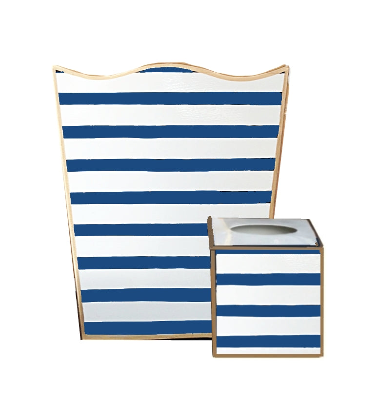 Navy Stripe Wastebasket, Tissue Box