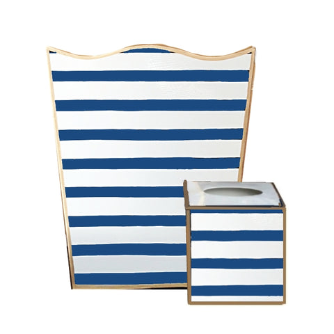 Navy Stripe Wastebasket, Tissue Box