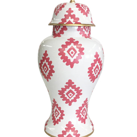 Pink Block Print on White Ginger Jar, Medium