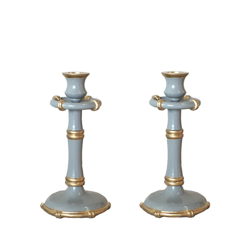 Pair of Medium Bamboo Candlesticks in Grey